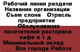 Рабочий линии раздачи › Название организации ­ Съем слона › Отрасль предприятия ­ Обслуживание посетителей ресторана, кафе и т.д. › Минимальный оклад ­ 15 000 - Все города Работа » Вакансии   . Мордовия респ.